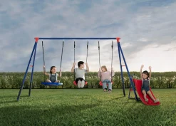 FunZone Outdoor Metal 4-Piece Swing Set - Includes 2 Swings, 1 Disc/Saucer Swing and Slide