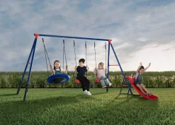 FunZone Outdoor Metal 4-Piece Swing Set - Includes 2 Swings, 1 Disc/Saucer Swing and Slide