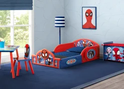 Marvel Spidey and His Amazing Friends 4-Piece Toddler Room-in-a-Box Set – Includes Sleep and Play Toddler Bed, Table, 1 Chair and Toy Box